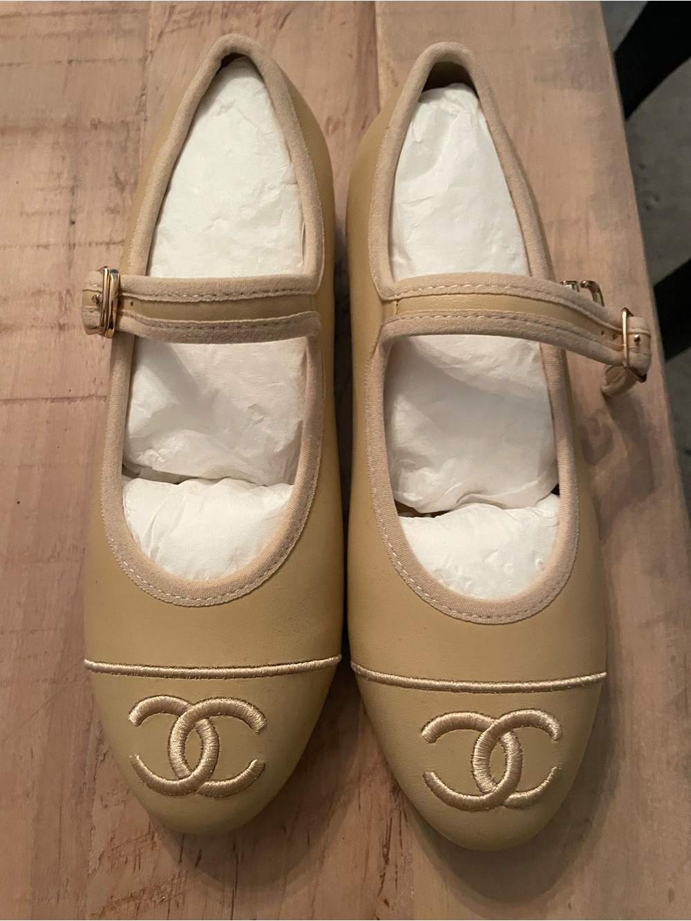 CHANEL Beige Leather Mary Jane Flats with Gold Buckle